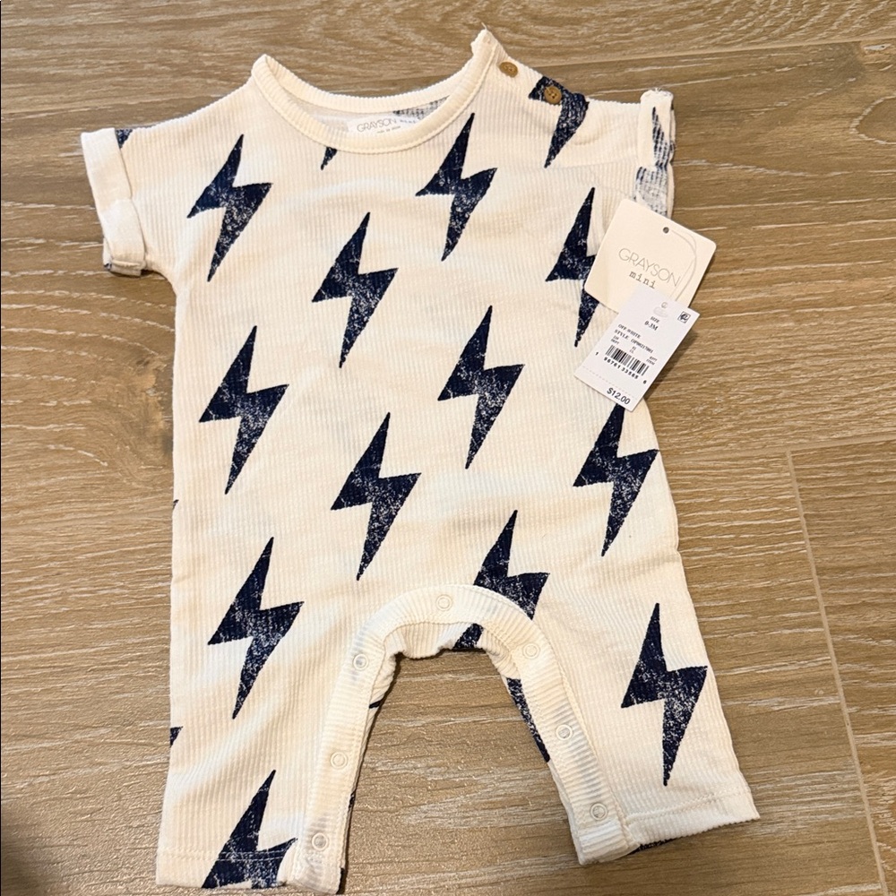 NWT Grayson Mini Cream and Black Lightning Bolt Kids One Piece 0-3M